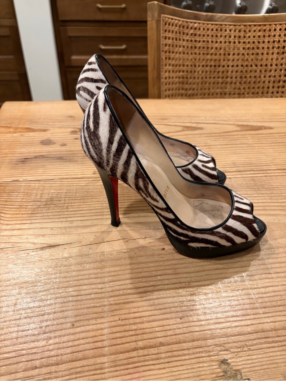 Christian Louboutin Zebra Print Peep-Toe Pumps with Red Soles - Picture 4 of 5